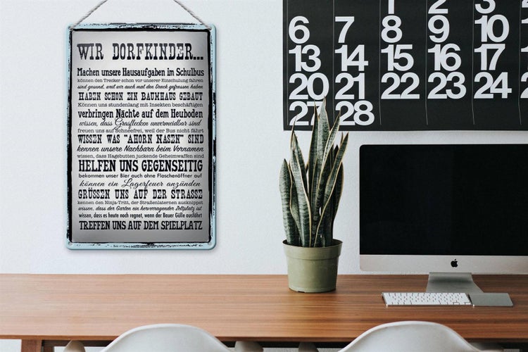 Blechschild Spruch 20x30cm wir Dorfkinder Hausaufgaben Bus