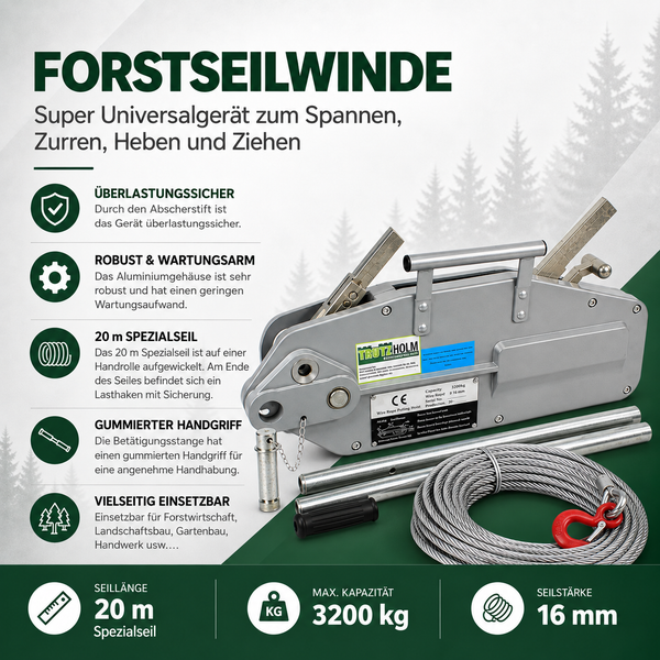 Trutzholm Seilzug mit 20 Meter Drahtseil und teleskopierbarem Hebel zur Lastenbewegung in Forstwirtschaft und Gartenbau.
