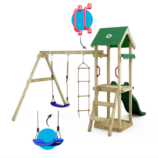 WICKEY Spielturm Klettergerüst TinyCabin mit Schaukel und Rutsche, Kletterturm mit Sandkasten, Leiter und Spiel-Zubehör - grün