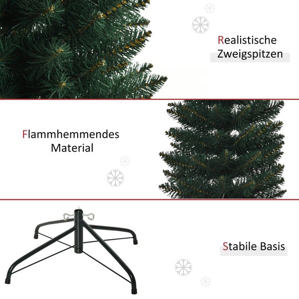 Künstlicher Weihnachtsbaum mit realistischen Zweigspitzen, flammhemmendem Material und einer stabilen Metallbasis.