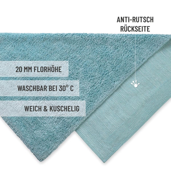 Badematte mit 20 Millimeter Florhöhe, Anti-Rutsch-Rückseite, waschbar bei 30 Grad Celsius, weiches und kuscheliges Material.