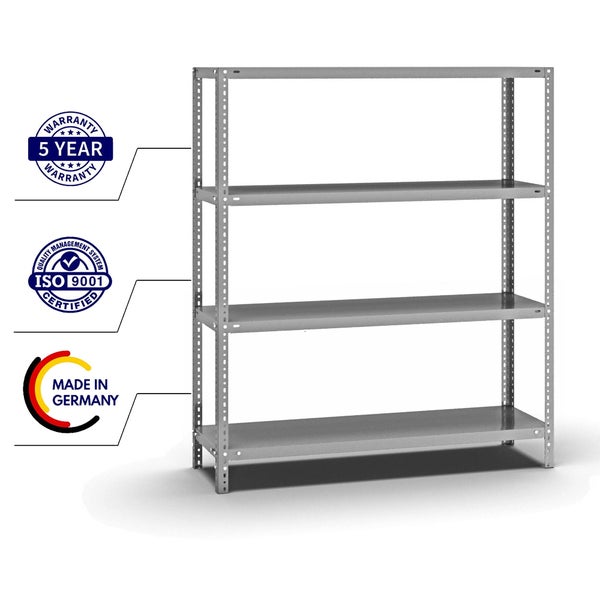 PROREGAL Fachbodenregal Schraubsystem Medium-Duty Grundregal HxBxT 150 x 130 x 40 cm 4 Ebenen Fachlast 200 kg Beidseitig Nutzbar Verzinkt