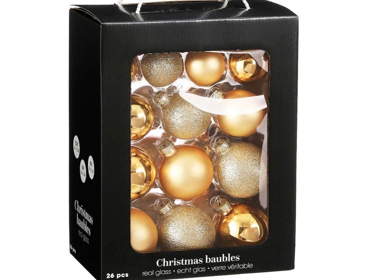 Set mit 26 Christbaumkugeln aus Glas in verschiedenen Ausführungen für die Weihnachtsbaumdekoration.