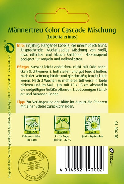 Rückseite der Samentüte Männertreu Color Cascade Mischung mit Infos zu Aussaat, Keimung bei 18 bis 20 Grad und Blütezeit.