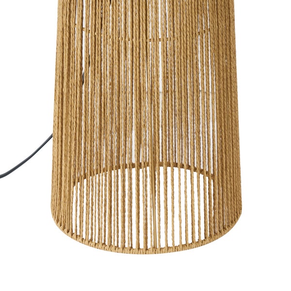 Nahaufnahme eines Stehlampenfußes mit vertikal gespannten Seilen in Natur-Optik und einem Stromkabel.