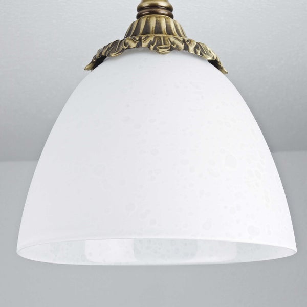Hängelampe mit weißem Schirm und goldenen Verzierungen