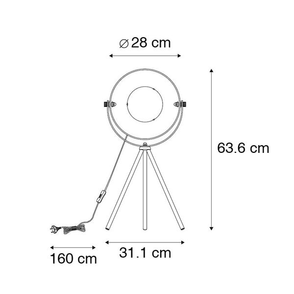 Technische Zeichnung einer Stehlampe mit den Maßen 28 cm Durchmesser, 63,6 cm Höhe, 31,1 cm Breite und 160 cm Kabellänge