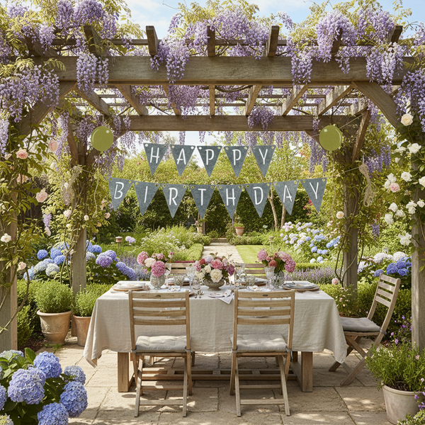 Festlich gedeckter Gartentisch unter einer Holzpergola mit Blauregen, Stühlen, Blumendekoration und einer Happy Birthday Girlande im Garten.