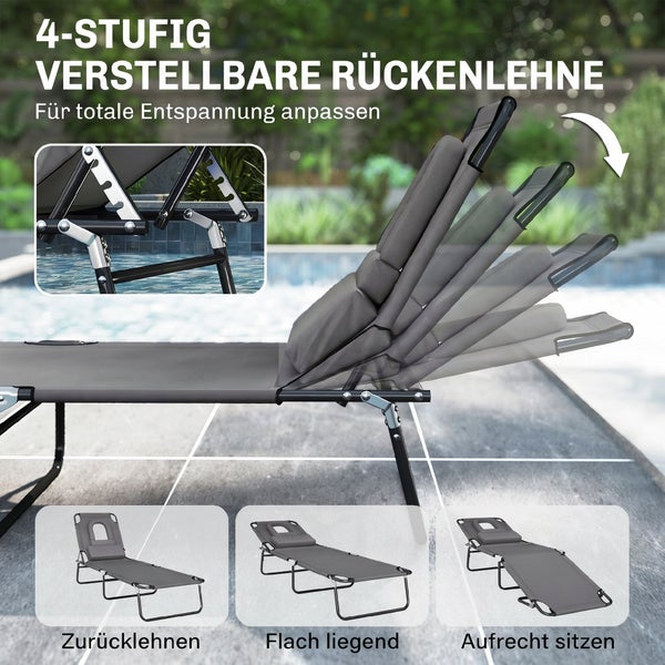 Gartenliege mit in vier Stufen verstellbarer Rückenlehne, Detailansicht der Metallverstellung und verschiedene Liegepositionen.
