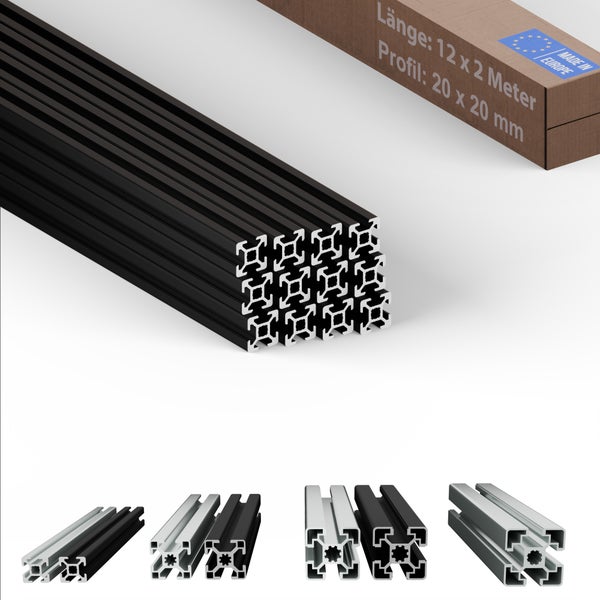 Stapel Aluminiumprofile 20x20 mm mit Verpackung und Made in Europe Siegel