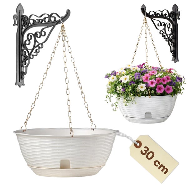 Zwei Blumenampeln mit Wandhalterungen, eine mit Blumen bepflanzt, die andere leer, Größenangabe 30 Zentimeter