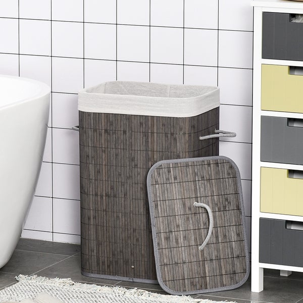 HOMCOM Bambus Wäschekorb schmal mit Deckel 83L Wäschesammler mit Griffen, herausnehmbarer Wäschesack, Laundry Baskets Wäschesortierer für Waschküche Badezimmer Schlafzimmer Grau