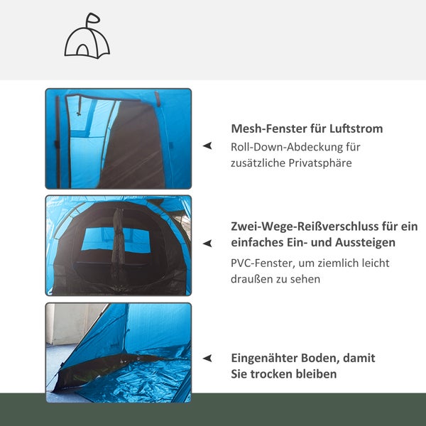 Outsunny Tunnelzelt für 4 Personen, Campingzelt mit 2 Räumen, 475L x 264B x 172H cm, Taft, Blau