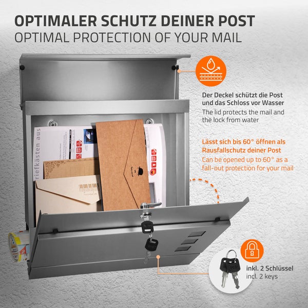 ECD Germany Standbriefkasten mit Zeitungsfach, Design Briefkasten Standfuß Freistehend, Anthrazit, Briefkastenständer Edelstahl Pulverbeschichtet 170cm, Postkasten Stahl matt gebürstet 37x10,5x36,5cm