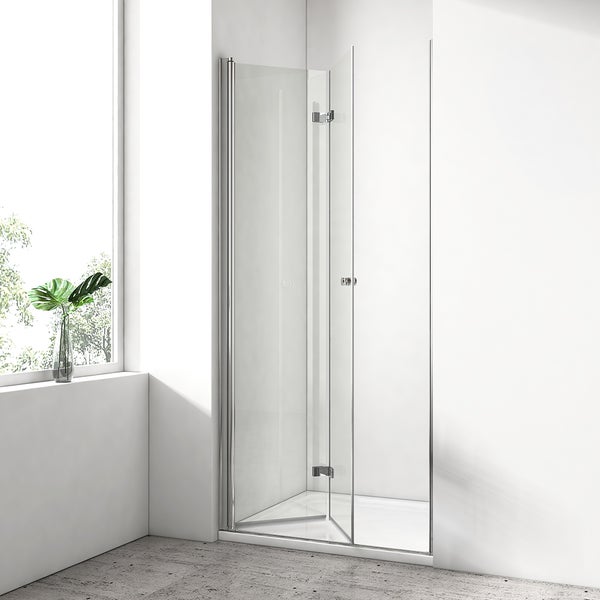 EMKE Duschtür Nischentür Falttür 75x185 cm, 180°faltbare Duschabtrennung, 6 mm ESG Sicherheitsglas, Rundgriff, Duschwand faltbar, Duschkabine Bad, für Nische