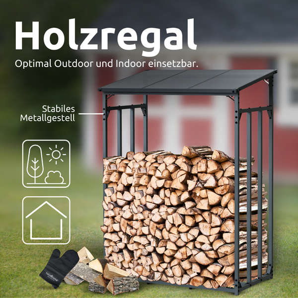 holz4home Kaminholzregal L Metall für Außen 1,6mÂ³ 2,5SRM Anthrazit inkl. Ofenhandschuh