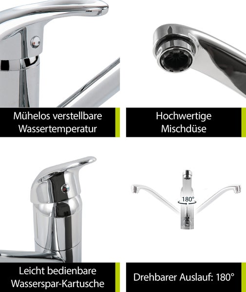 aquaSu® Niederdruck Küchenarmatur mit Geräteanschluss, Wasserhahn Küche Niederdruck, Spültischarmatur , Einhebelmischer Spüle mit Ringgriff, Keramikkartusche mit Wassersparfunktion, Chrom, 772006