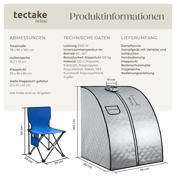Produktinformationen Dampfsauna mit Stuhl, Abmessungen und Lieferumfang
