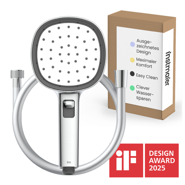Instmaier Handbrauseset inklusive Brauseschlauch, iF Design Award 2025 Auszeichnung und Verpackung mit Details zu Wassersparfunktion und Reinigung.