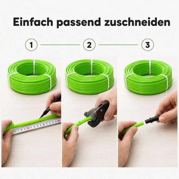 Anleitung zum Zuschneiden und Verbinden eines Bewässerungsschlauchs in drei Schritten mit Markieren, Schneiden und Anschließen.