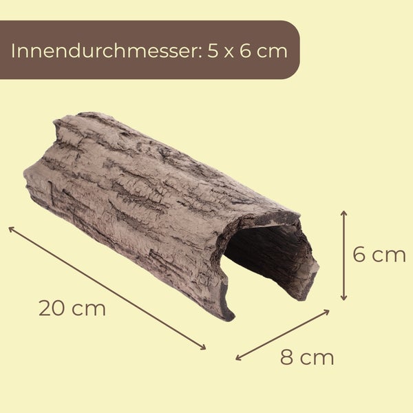Aquarium-Höhle oder Terrarium-Höhle in Baumstamm-Optik, Länge 20 Zentimeter, Breite 8 Zentimeter, Höhe 6 Zentimeter, Innendurchmesser 5 mal 6 Zentimeter.