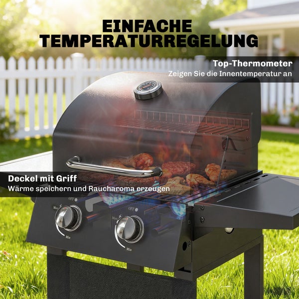 Gasgrill mit Deckelthermometer, Griff und zwei Reglern, Fleisch gart auf dem Rost in einem Garten, einfache Temperaturregelung.