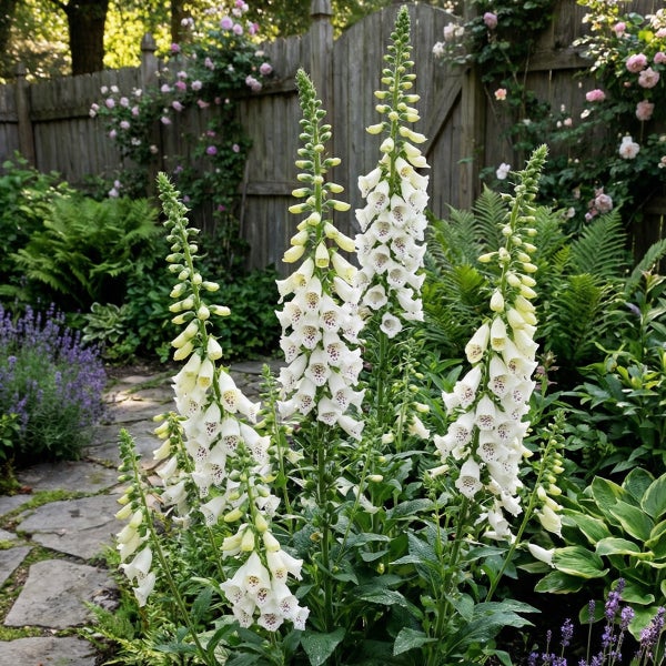 Weiße Fingerhüte mit violetten Punkten in einem Garten mit Farnen und einem Holzzaun.