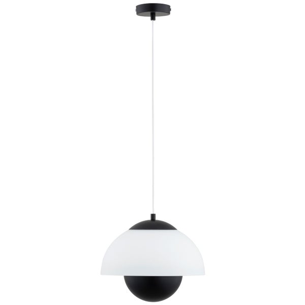Moderne Pendelleuchte mit halbkugelförmigem Glasschirm und Metallakzenten für eine stilvolle Innenbeleuchtung.