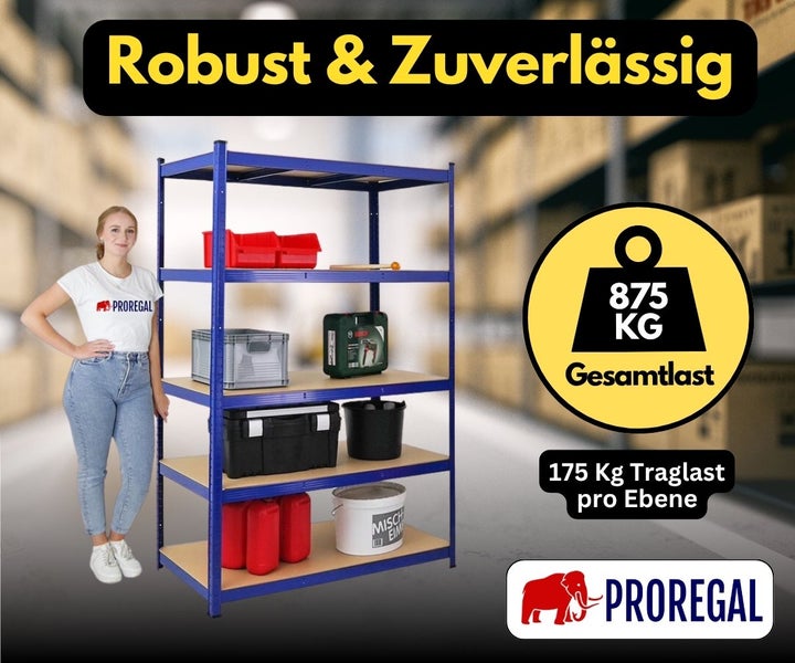 Blaues Schwerlastregal aus Metall mit 5 Holzböden, 875 Kilogramm Gesamtlast, 175 Kilogramm pro Ebene, Proregal Logo.