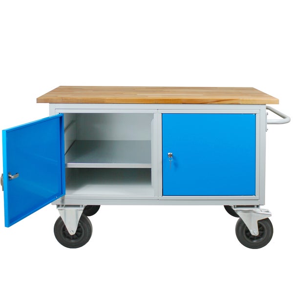 PROREGAL Mobile Werkbank Rhino mit 2 Türen HxBxT 83 x 130 x 60 cm Traglast 500 kg Lichtgrau Blau