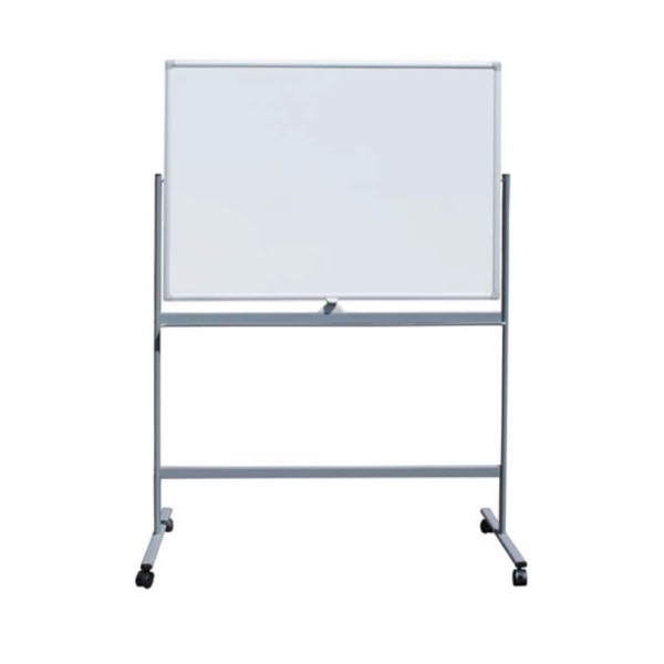 Mobiles Whiteboard auf Rollen mit grauem Metallgestell und weißer Oberfläche.