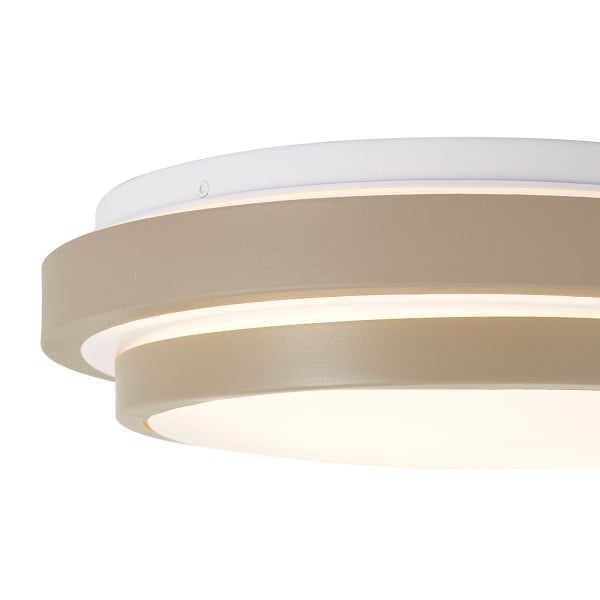 Moderne runde LED Deckenleuchte mit schichtartigem Aufbau und Lichtaustritt zur Decke und nach unten.