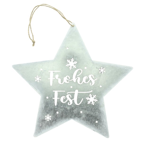 Dekorativer Stern mit der Aufschrift 'Frohes Fest' und einer Kordel zum Aufhängen