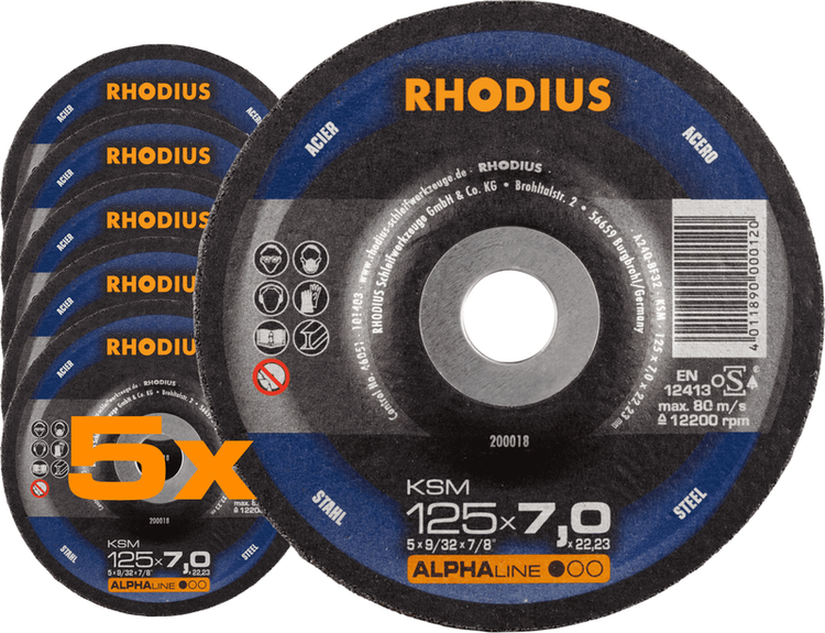 RHODIUS Schruppscheibe KSM, 5 Stück, 125 x 7,0 x 22,23 mm für Stahl, Metall, ALPHAline