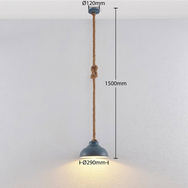 Pendelleuchte mit Seil und Knoten, Metallschirm Durchmesser 290 Millimeter, Baldachin Durchmesser 120 Millimeter, Gesamthöhe 1500 Millimeter.