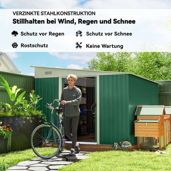 Gartenszene mit verzinktem Stahlgeräteschuppen, Mann mit Fahrrad und Hühnerstall