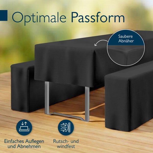 Schwarze Schutzhülle für Bierzeltgarnitur mit optimaler Passform, sauberen Abnähern, einfacher Handhabung sowie rutsch- und windfest.