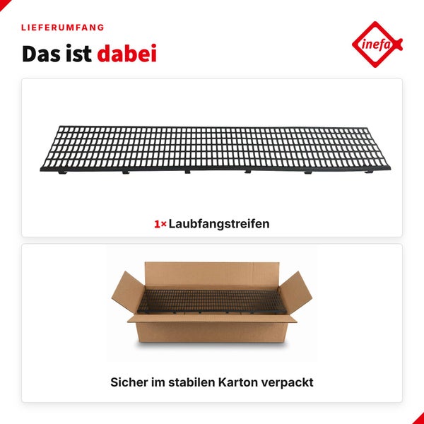 Lieferumfang eines Laubfangstreifens von Inefa für Dachrinnen in einem stabilen Versandkarton.