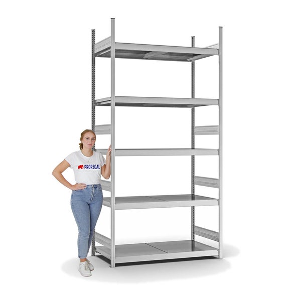 PROREGAL Weitspannregal Stecksystem T-Profil Grundregal HxBxT 300x150x60 cm 5 Ebenen Stahlplatten Fachboden Fachlast 350 kg Verzinkt