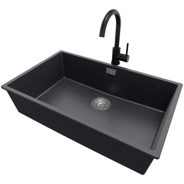 PRIMAGRAN Granitspüle Anthrazit 76x47cm, Spülbecken 1 Becken + Küchenarmatur 32x20cm + Ablauf-Set, Küchenspüle ab 80er Unterschrank - London Slim