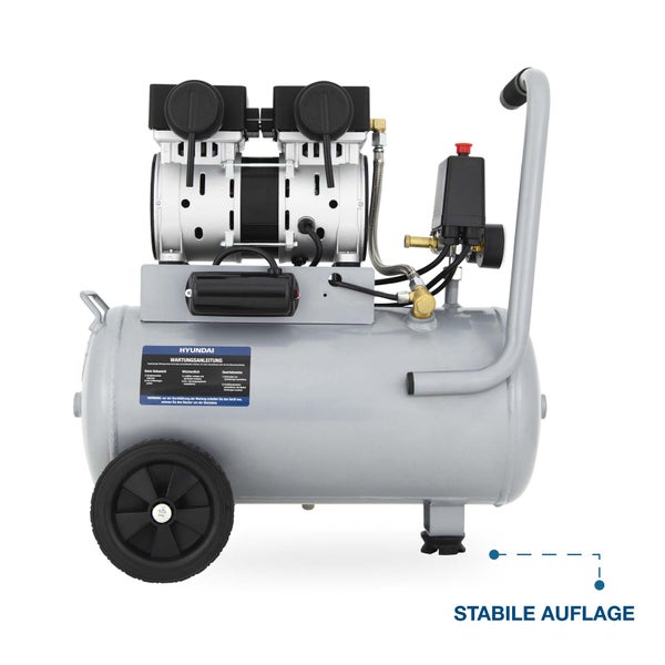 Mobiler Hyundai Kompressor mit Druckluftbehälter, Doppelzylinder-Motor, Rädern, Griff und stabilem Standfuß.