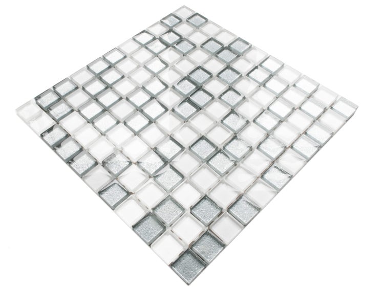 Glasmosaik auf Netz für Bad und Küche 30cm x 30cm  - Silver White