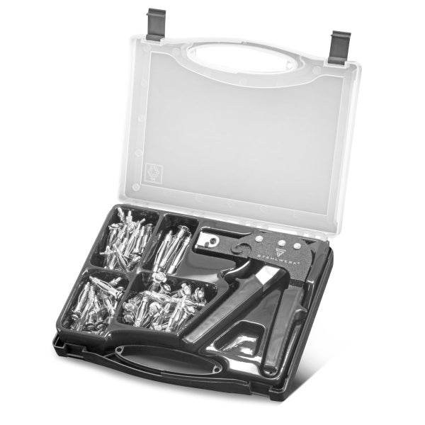 Stahlwerk Hohlraumdübel Set im Kunststoffkoffer inklusive Montagezange und verschiedenen Metalldübeln.