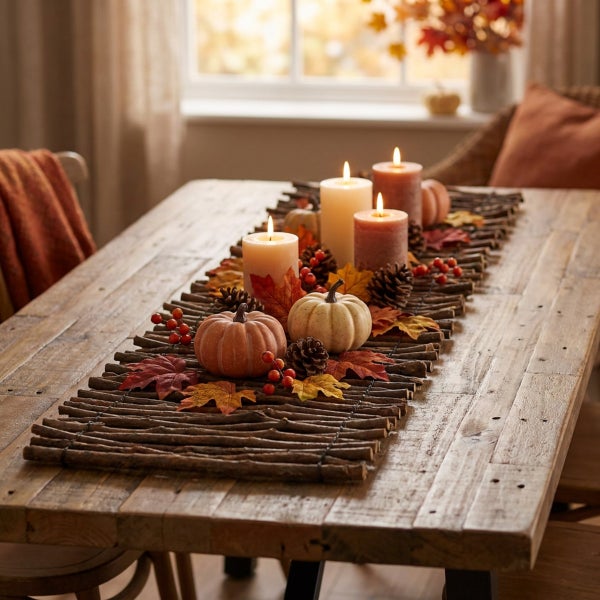 Herbstliche Tischdekoration mit Kerzen, künstlichen Kürbissen, Tannenzapfen und Dekozweigen auf einem rustikalen Holztisch.