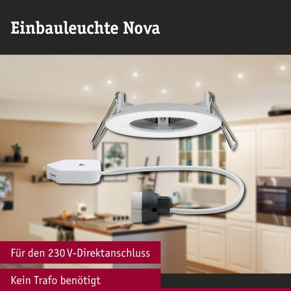 Runde Einbauleuchte Nova inklusive Anschlussbox für 230 Volt Direktanschluss, kein Transformator benötigt.