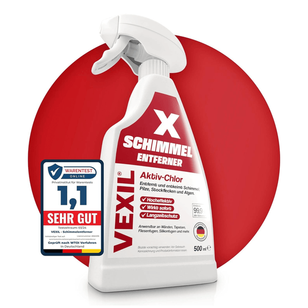 VEXIL Schimmelentferner mit Aktiv-Chlor in 500 Milliliter Sprühflasche inklusive Warentest-Siegel sehr gut Note 1,1.