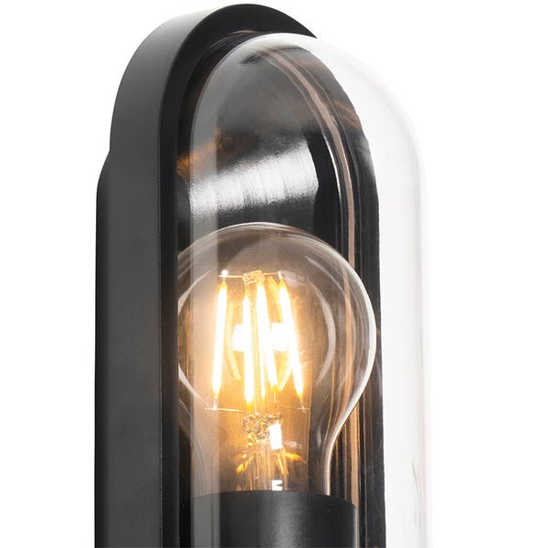 Schwarze ovale Außenwandleuchte aus Metall und Glas mit leuchtendem LED-Filament-Leuchtmittel.