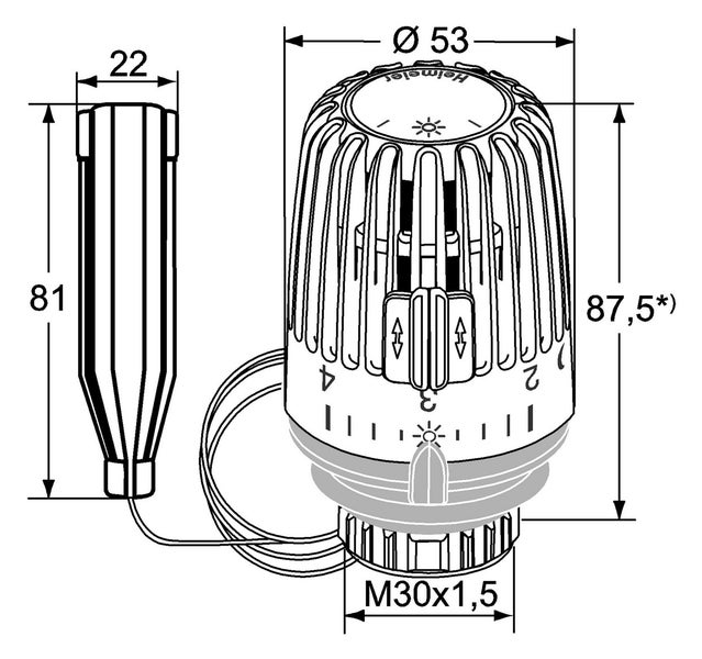 HEIMEIER Thermostat-Kopf K Fernfühler, weiß, 2 m Kapillarrohr, zwei Sparclips, Anschluss M30 x 1,5, 6002-00.500