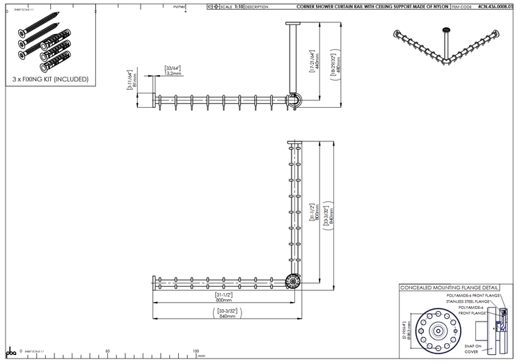 Technische Zeichnung einer L-förmigen Eck-Duschvorhangstange aus Nylon mit Deckenstütze, Maßen in Millimeter und drei Montagesätzen.