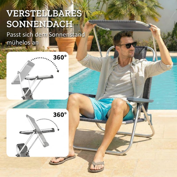 Gartenliege mit verstellbarem Sonnendach am Pool, 360 Grad drehbar für optimalen Sonnenschutz.